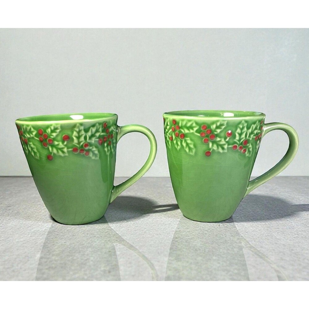 Sonoma Lifestyle Green Holly Berry Christmas Coffee Mugs Embossed Set of 2
